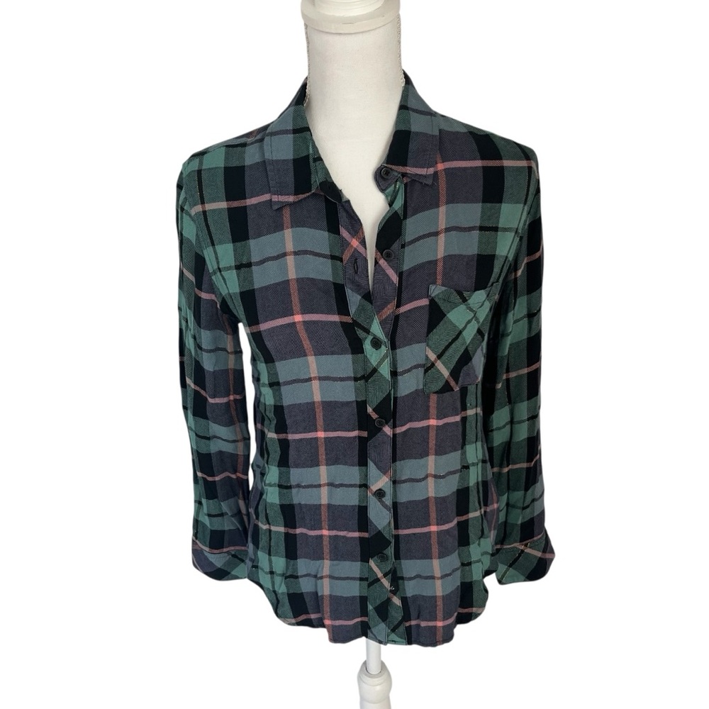 Rails Hunter Teal Navy Pink with Lurex Buttondown Size Small Flannel Fall